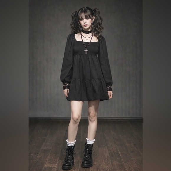 Steve Madden Dresses & Skirts - Steve Madden Dark coquette babydoll gothic 100% cotton long sleeve mini dress